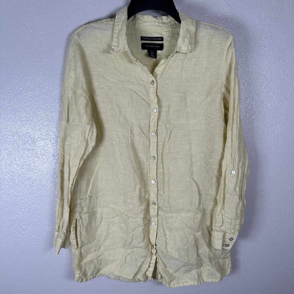 Tahari Linen Button Up Tunic Women's Medium Long Sleeve Yellow Lagenlook Resort